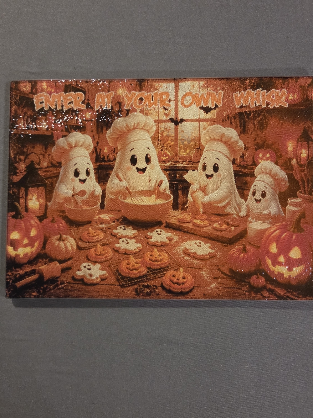 Halloween Ghost Bakers Glass Cutting Board 8x11 Enter at Your Own Whisk